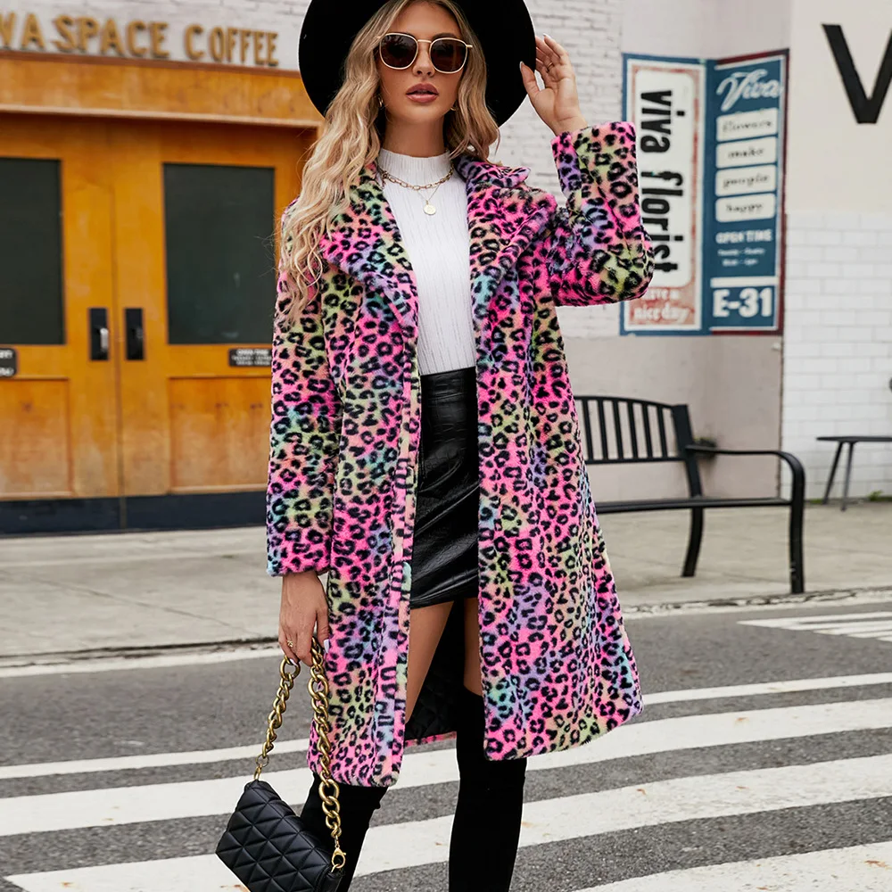 Luxury Brand Trend Square NeckFaux Fur Coat Fluffy Soft Leopard Women Autumn Winter Midi-Length Trench Coat Windproof Jacket
