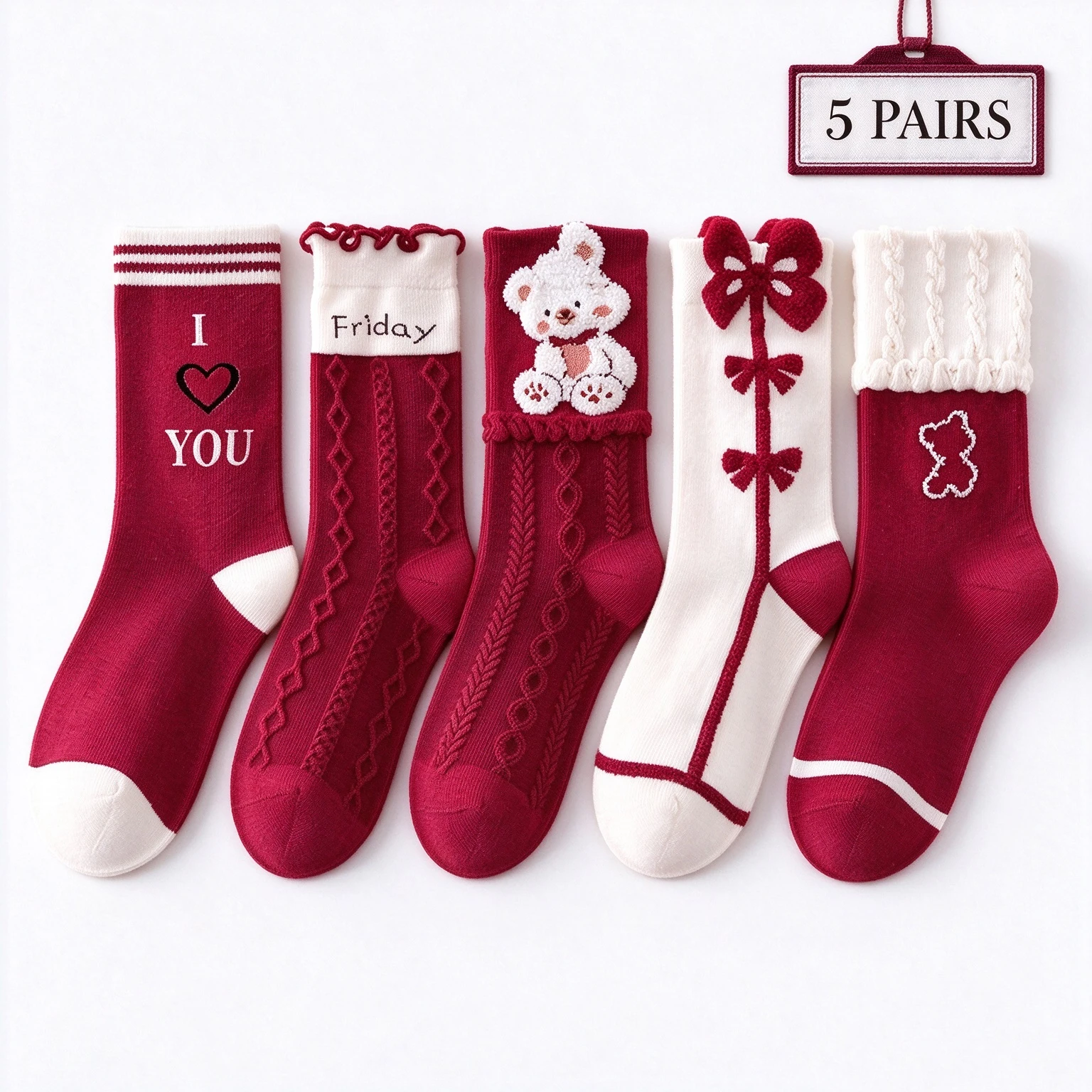 5 Pairs Girls Crew Socks Wine Red Bear Bow Embroidery Cartoon Kids Mid Calf Socks Soft Warm French Style For 1-14Y