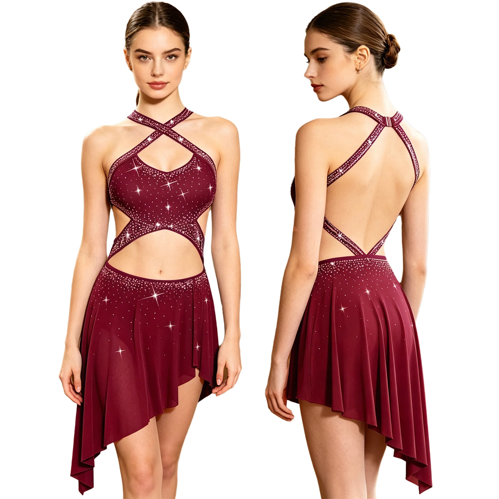 

Women Lyrical Modern Ballet Dance Dress Rhinestones Crossing Straps Sleeveless Backless Leotard Figure Skating Gymnastic Costume