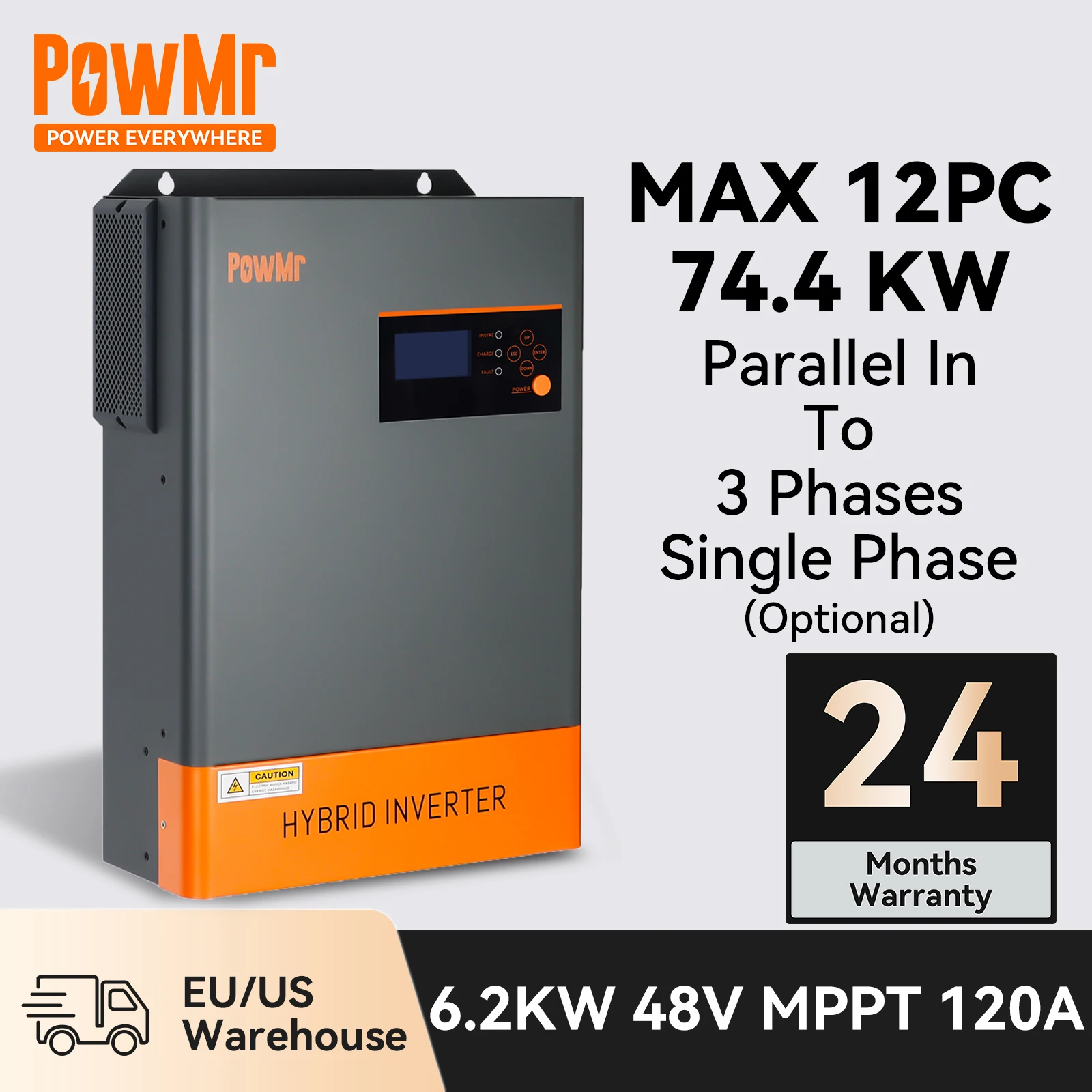 PowMr 병렬 하이브리드 태양광 인버터, 순수 사인파 인버터, MPPT 120A, 6200W, 48V, 최대 12 개, 3 상 병렬 연결 가능, 6KW, 48V