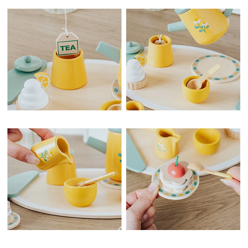 Set di torte per il tè pomeridiano in legno Fai finta di giocare con i giocattoli da cucina per bambini Giochi di imitazione Giocattoli educativi precoci Montessori Regalo
