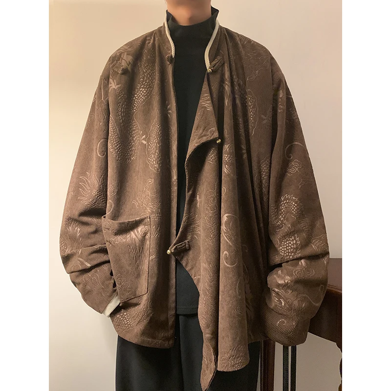 

Loose Fit Corduroy Jaet for Men with Button Design Stand Collar Chinese Sle Tang Costume Large Size Youth Faion