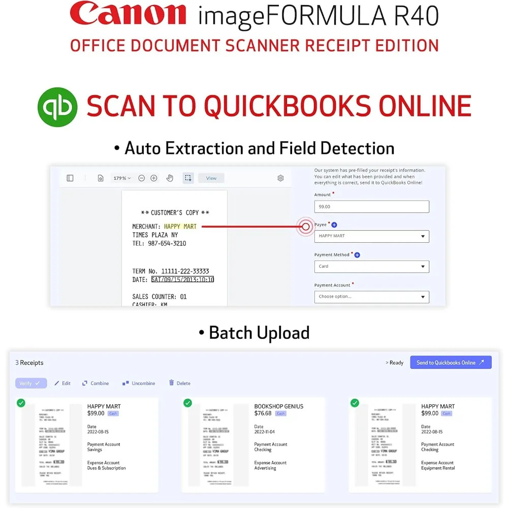 Extract Data to QuickBooks Online, Color Duplex Scanning, Auto Document Feeder, Easy Setup for Office Or Home Use