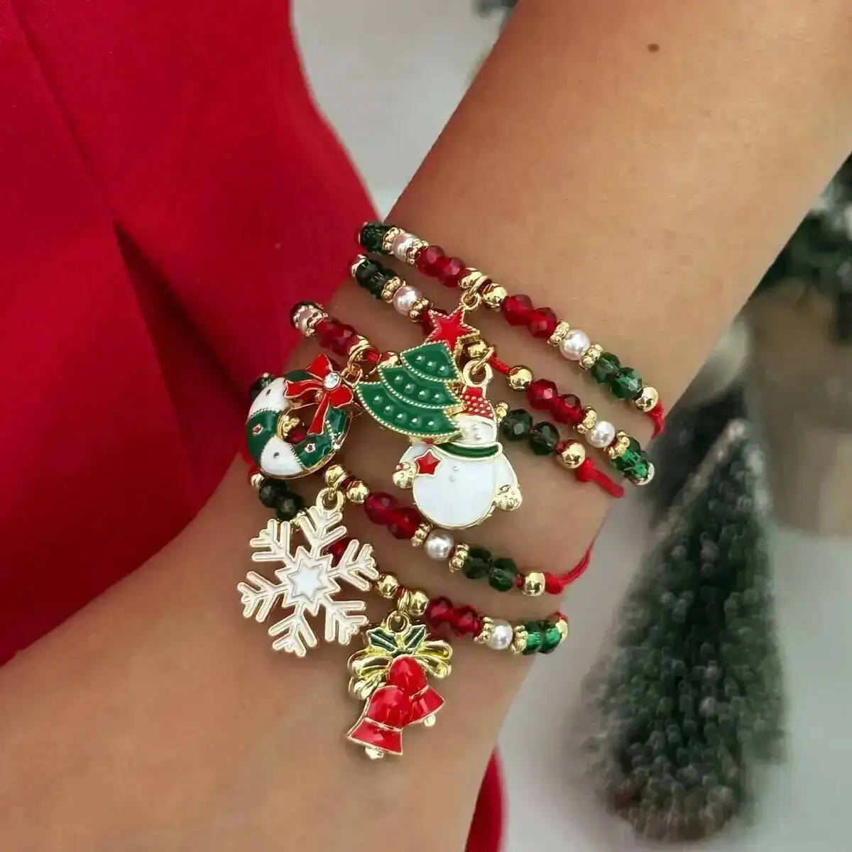 

2026 New 5 Pcs/set Cute Christmas Series Snowflake Tree Pendant Bracelets Women CCB Beads Adjustable Thread Rope Bangles Jewelry