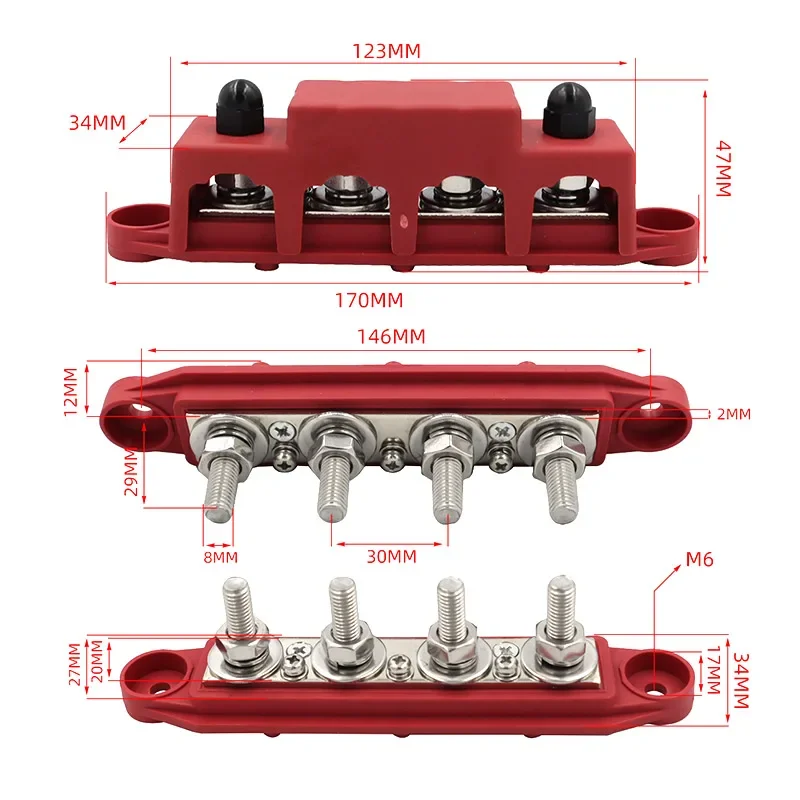 M8 M10 RV Yacht Bus 250A 48V High Current Terminal Studs 4-way Wiring Stud Type Bus Bar Marine Circuit Modification Accessories