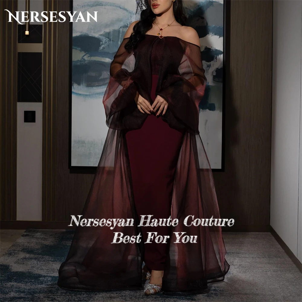 Nersesyan Burgundy Elegant Evening Dresses Bodycon Off Shoulder Puff Sleeves Prom Dress Backless Tulle Train Party Gowns 2024