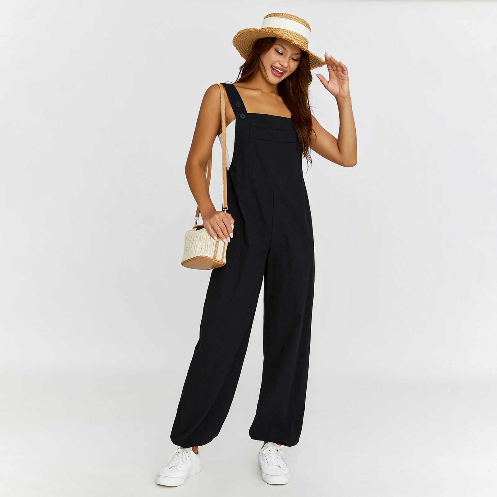 

Women Jumpsuit Elegant Sleeveless Solid Long Pants with Pockets for Casual Daily