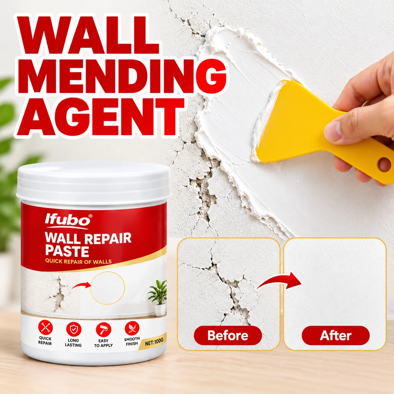 IFUBO Wall Repair Paste 100G, Wall Putty For Cracks And Holes, Easy Apply Sandable Waterproof Wall Filler For Home Renovation
