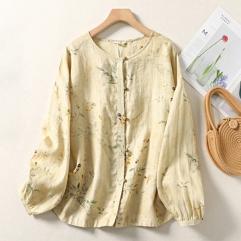 New Cotton and linen printed long-sleeved plate button blouse female spring new Korean loose large size temperament design sens