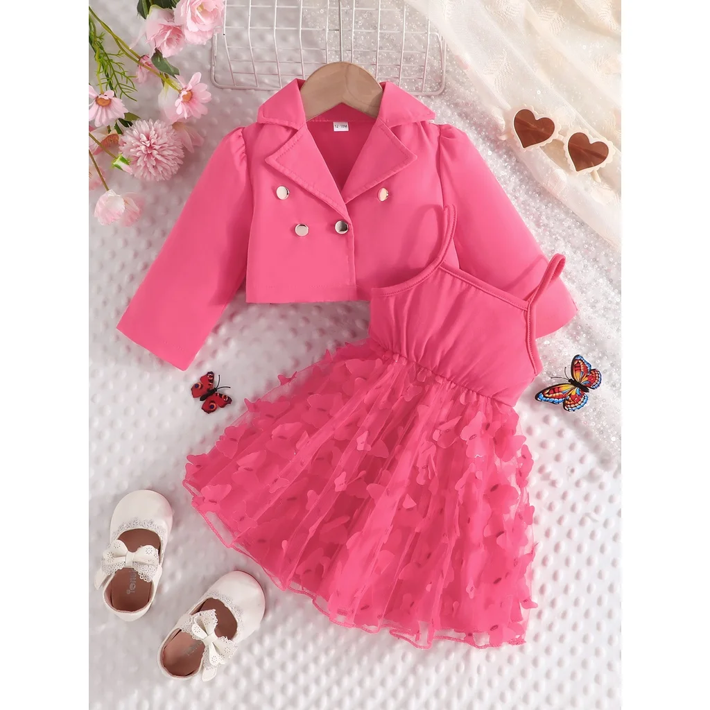 2Pcs/Set For Baby Girl 1 -5Years old Long Sleeve Button Top Suspender Butterfly Tulle Skirt Princess Dresses Outfit Clothing Set