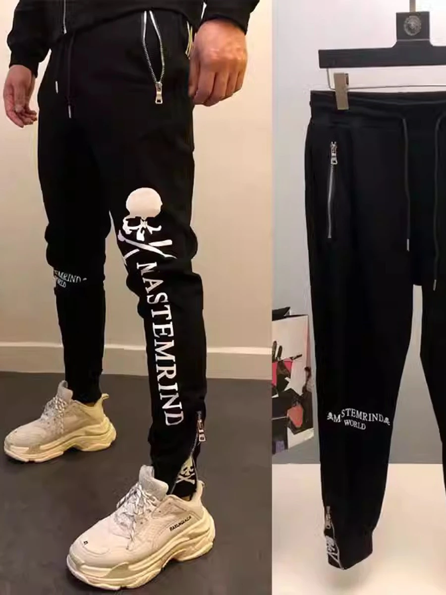 

Мужские повседневные брюки Slim Fit с черепом на молнии, осенне-зимние брюки Faion Spor, молодежные длинные брюки, маленькая обувь