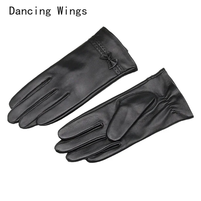 Women's touch screen genuine leather gloves cute bow driving winter mittens velvet thick warm ladies sheepskin gloves