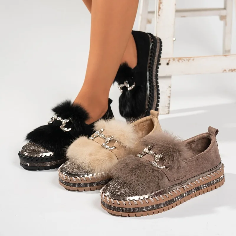 2026 Winter Fleece Lined Warm Women's Sneakers Thick Soled Comfort Loafers Luxury Rhinestone Casual Women Shoes Tênis Feminino
