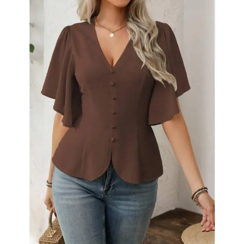 

Ele Pure Color V-Ne Button Dr 48276 Sle Женская модная повседневная юбка Svel Dr для женщин среднего возраста