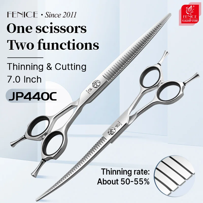 Fenice High-end JP440C 7.0 inch Comprehensive Curved /Straight Fluffy Chunker Scissors Two functions Blades 50-55% Thinning