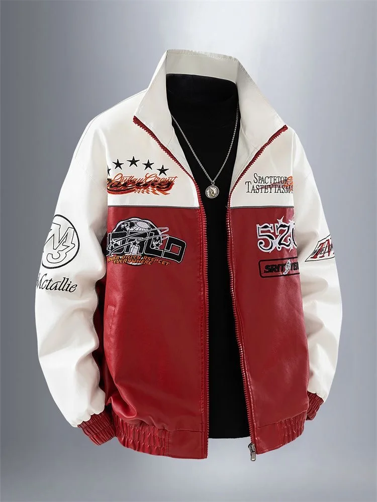 Men's spliced stand up collar zipper bicycle jacket with loose letter pattern print, women's street wear motorcycle jacket