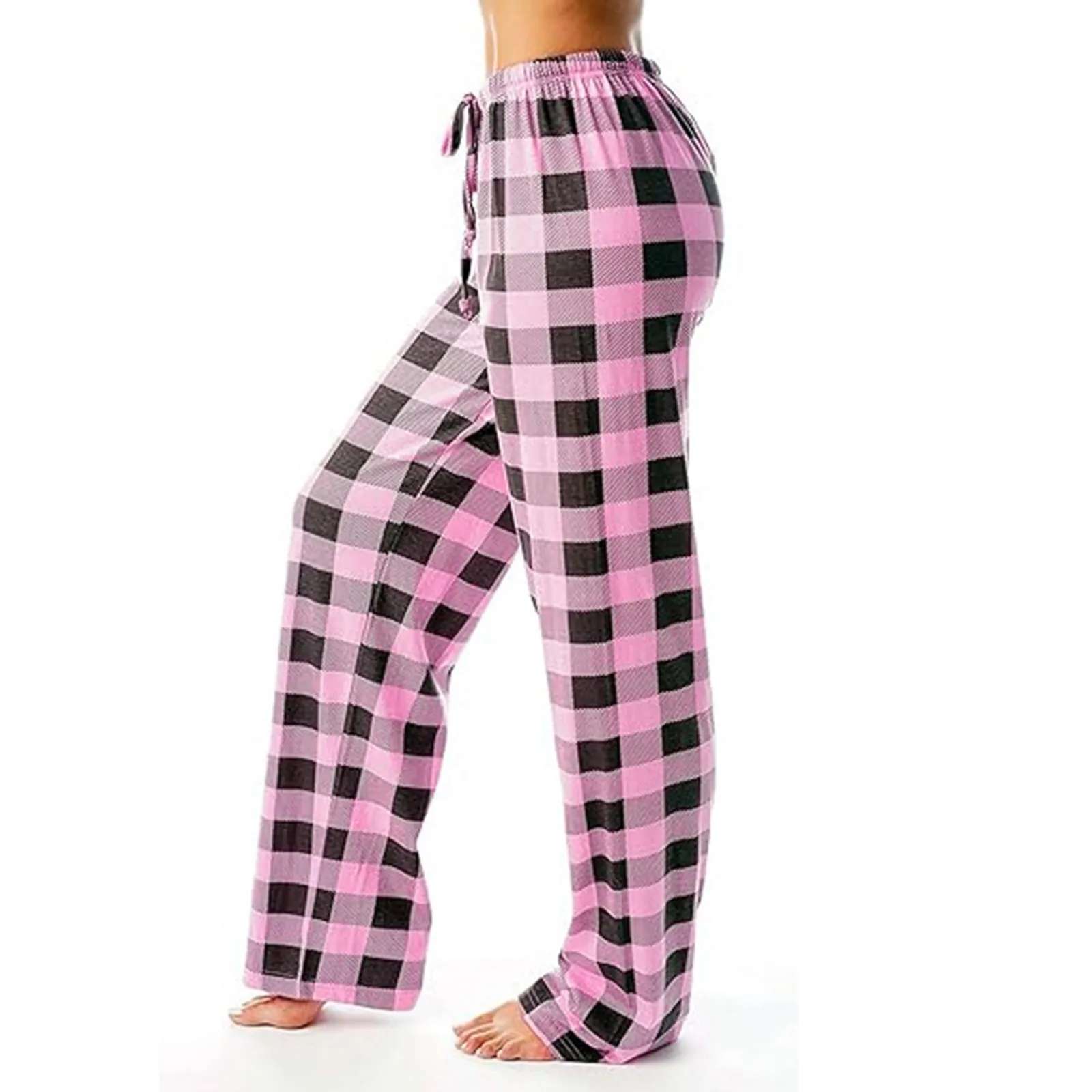 Women Pajama Pants Casual Comfortable Micro Elastic Plaid Home Pants Drawstring Elastic Waist Loose Wide Leg Trousers пижама