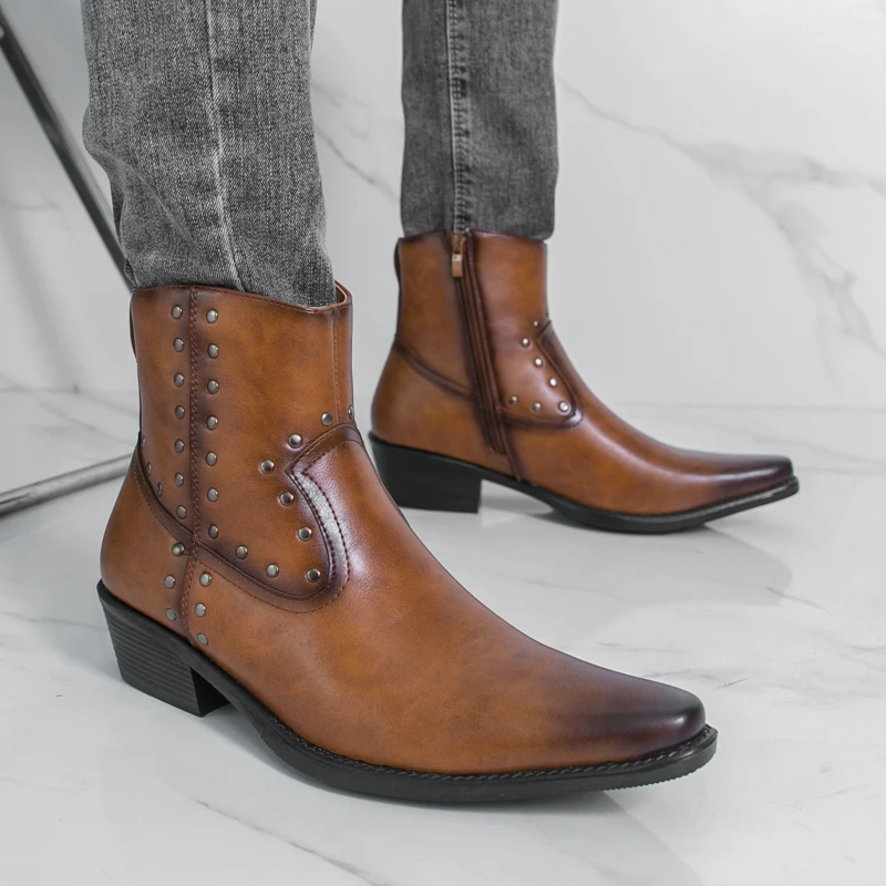 

Men High Top Boots Decorated PU Pointed Rivets Trendy Casual Men Boots