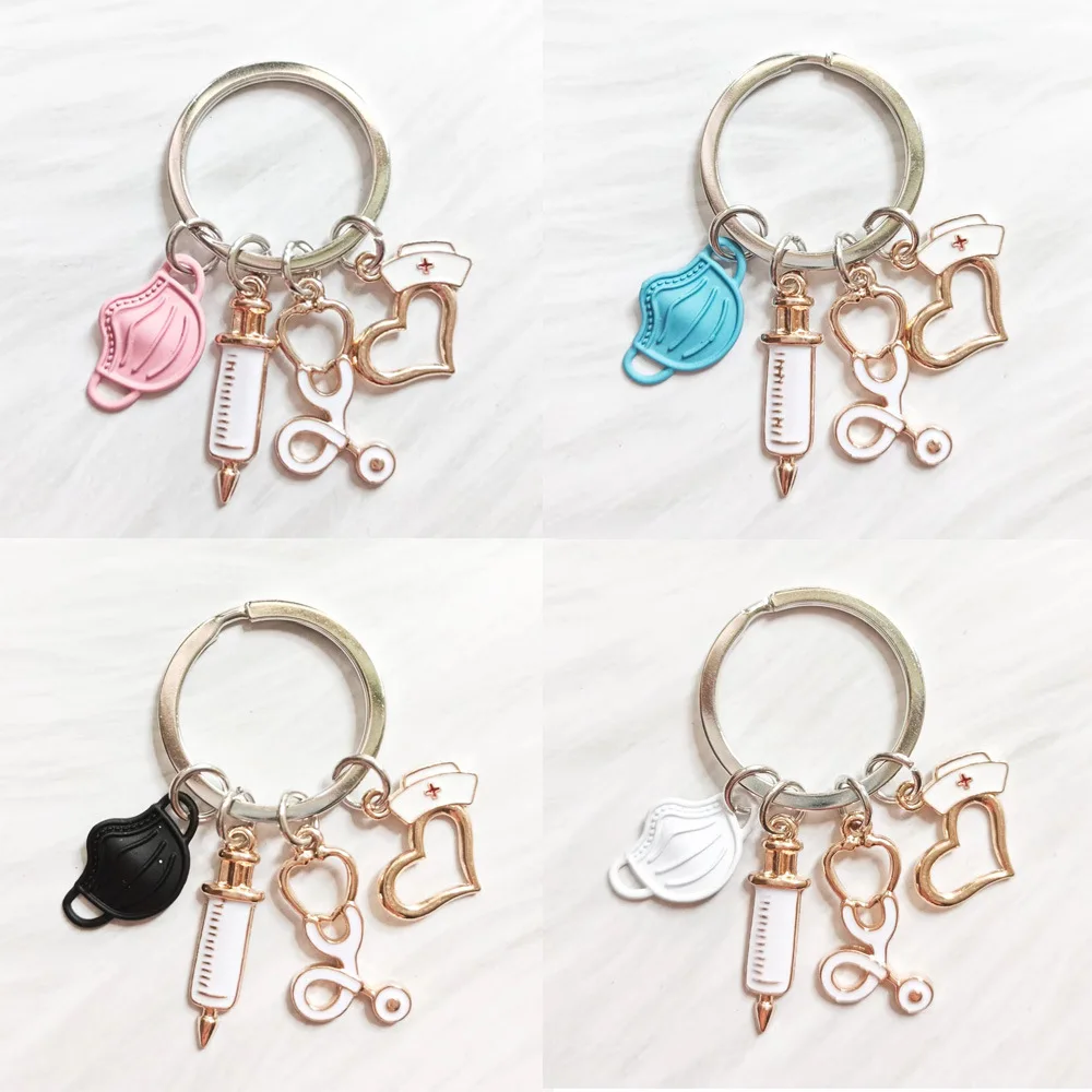 New Doctor Keychain Metal Medical Tool Key Ring Injection Syringe Stethoscope Nurse Cap Key Chain For Women Men Handbag Jewelry