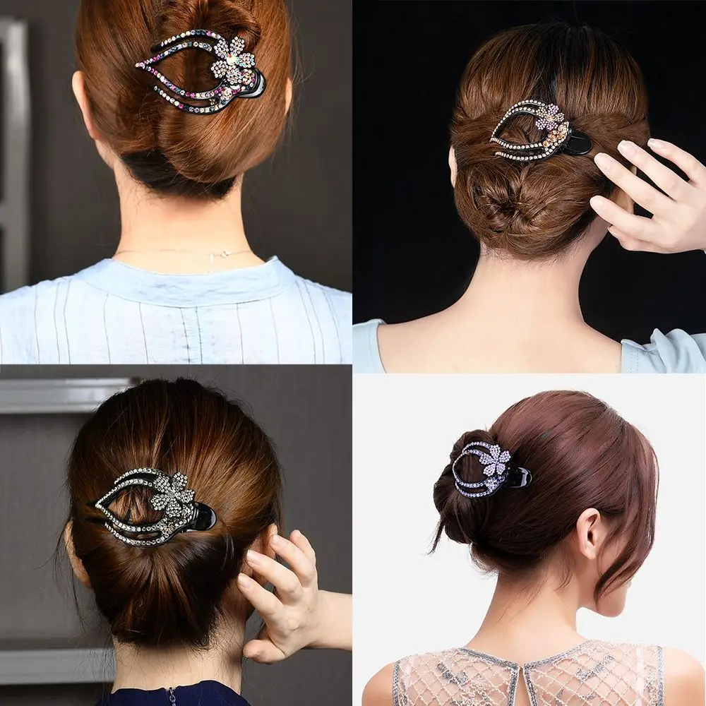 Fashion Women Hairpins Flexible Headwear Acrylic Heart  Flower Hollow Claws Rhinestone Hair Clip