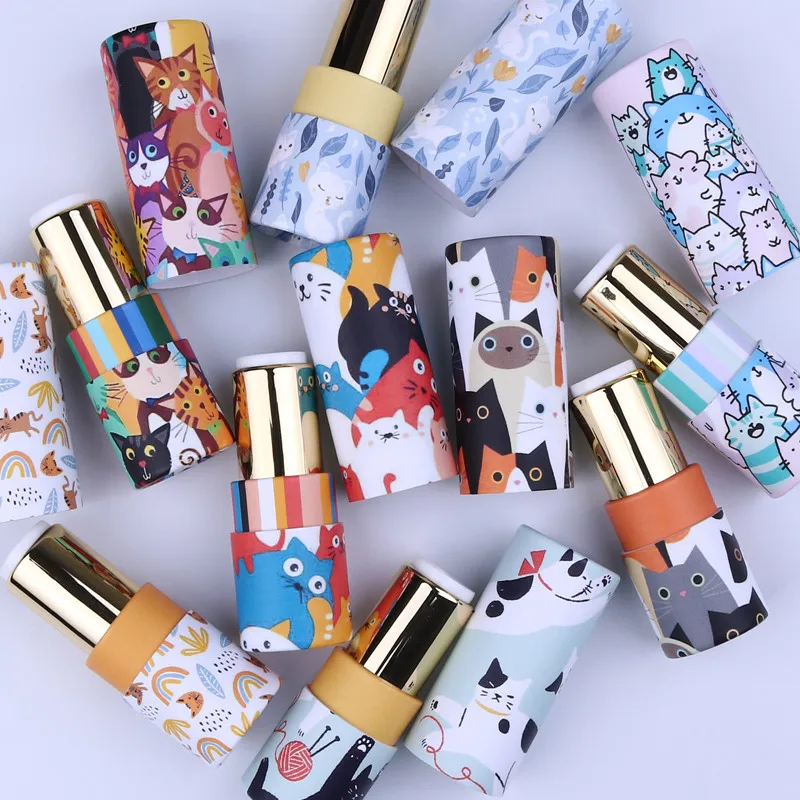 50Pcs 12.1mm Cute Cat Paper Lipstick Tube Eco-friendly Kraft Paper Lip Balm Container Lip Cosmetics Makeup Tool