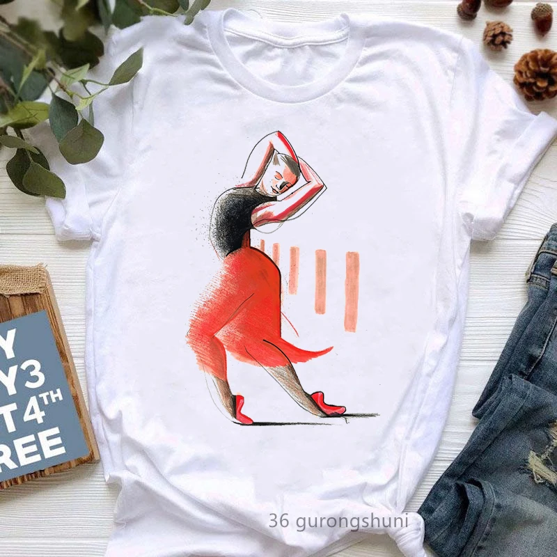 Aquarel Danser Print T Shirt Meisjes Esthetische Kleding Koel Wit Korte Mouw T-shirt Femme Zomer Mode Vrouwelijke T-shirt