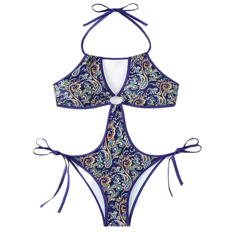 

Sexy Print Bikini Backless String Monokini Swimsuit Boho Holiday Swimwear Women Retro Bathing Suit Beach Hollow Bikinis De Mujer