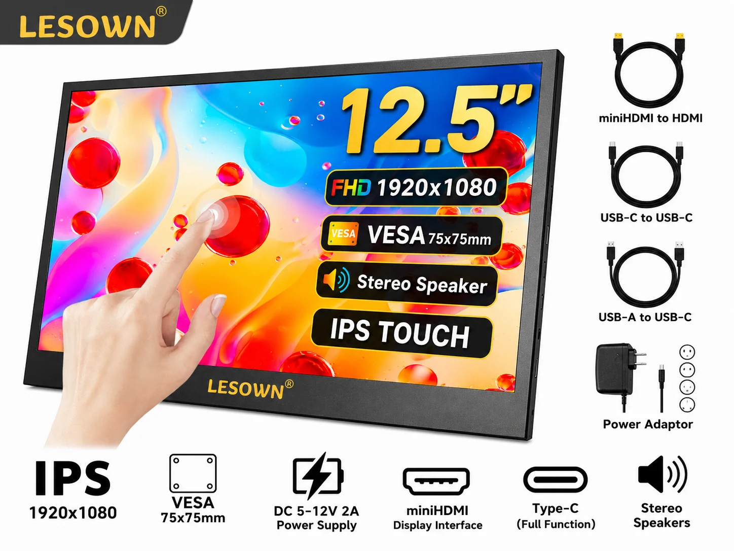 LESOWN 12.5 Inch Portable Monitor 1080P Touchscreen Driver-free Travel Screen with Mini HDTV VESA 75 for Laptop