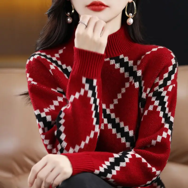 2022 Vintage Female Clothing Argyle Printed Fashion Geometric Spliced Sweaters Autumn Winter All-match Half High Collar Jumpers