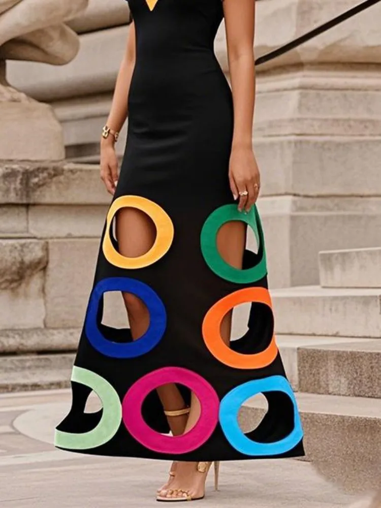 Freeacy Abito da donna slim fit con scollo a V a maniche corte Colore a contrasto Scavato A-line Colorblock e Ritagli geometrici Abiti da festa