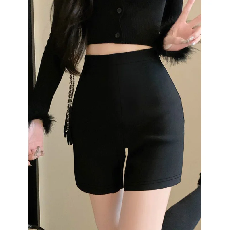   2025 캐주얼 오피스 여성용 반바지 레귤러 핏 솔리드 블랙 엘라스틱 웨이스트 슬리밍 펜슬 팬츠