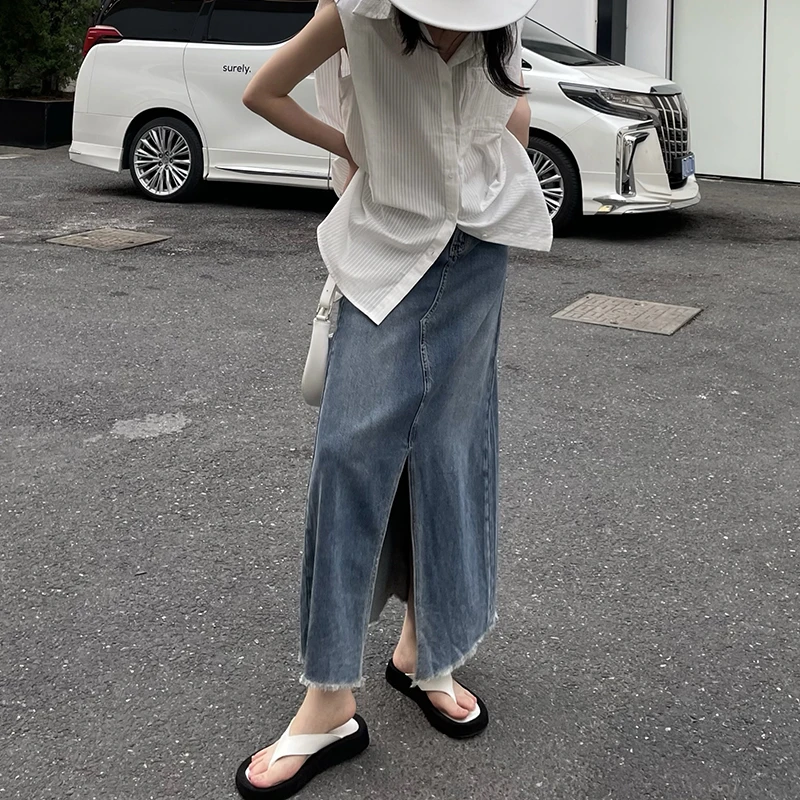 

Джинсовая юбка миди А-силуэта с высокой талией для женщин, винтажный дизайн с разрезом, повседневная, из смесового хлопка, летняя коллекция