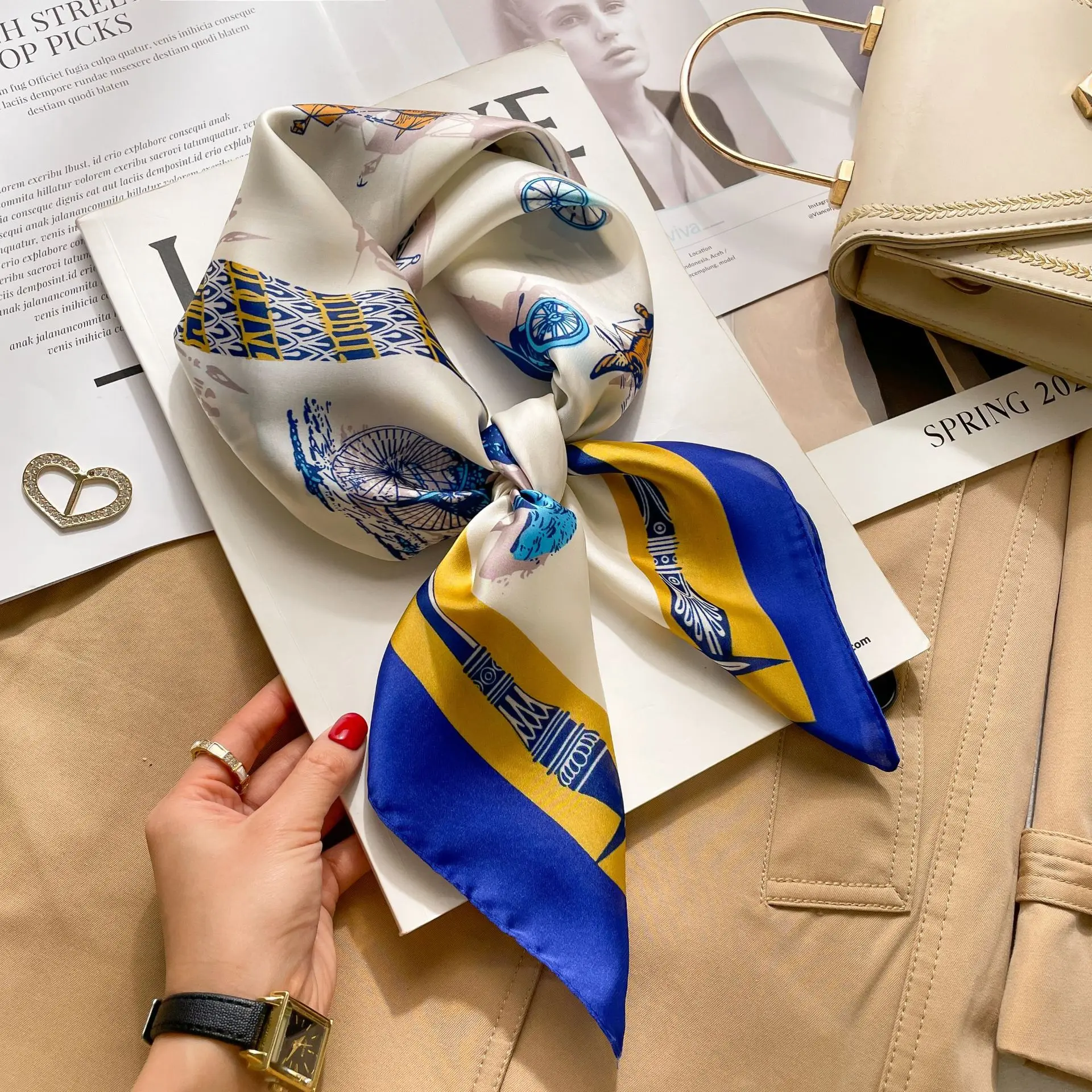 جديد 70 سنتيمتر houndstooth مطبوعة مربع وشاح للنساء الحرير كريستيان رسائل عصرية ومتعددة الاستخدامات الحجاب وشاح باندانا