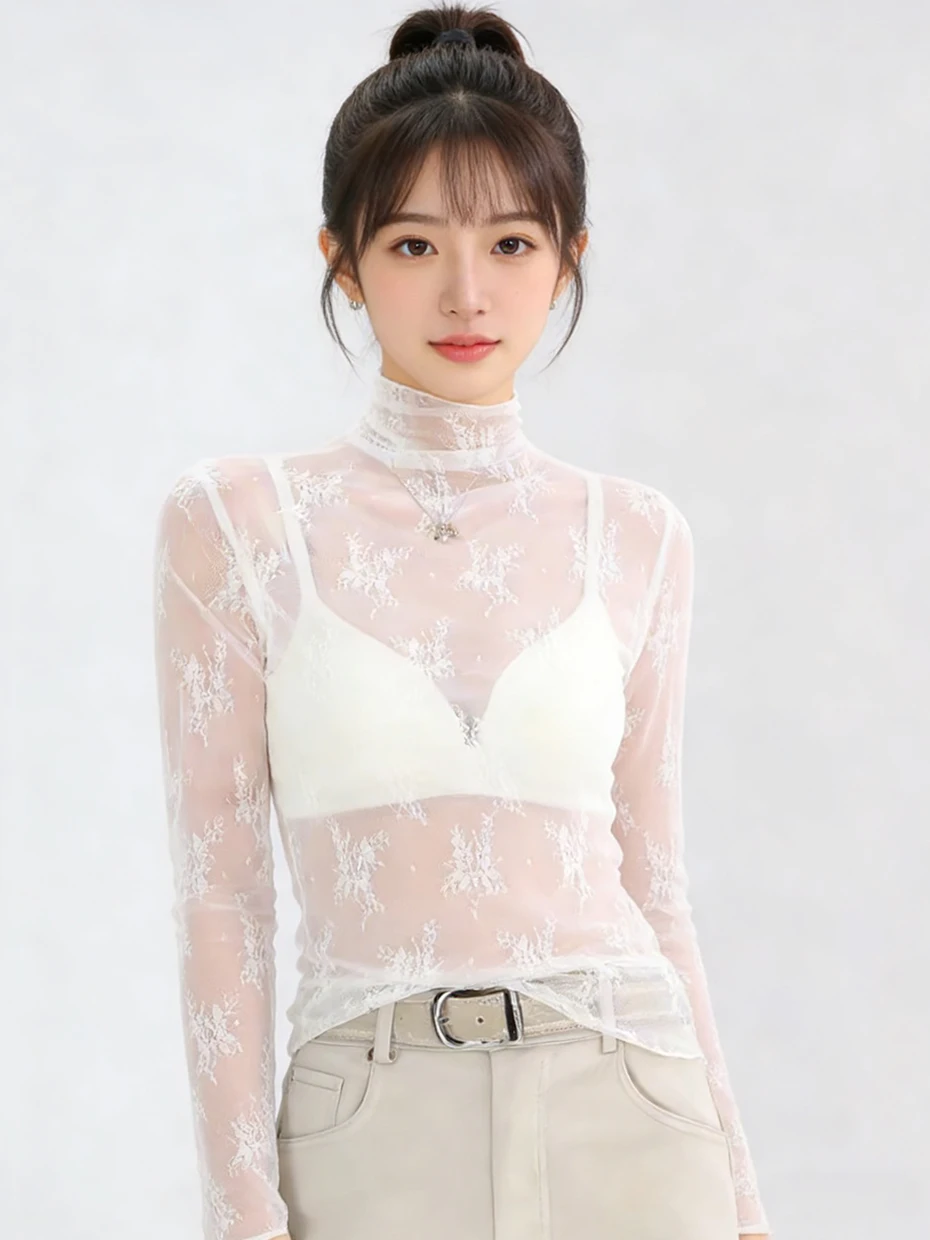 

Elegant High Collar Lace Mesh Base Shirt Women's Inner Wear Layering Thin Transparent Top Shirt Cover up Luxury Feel
