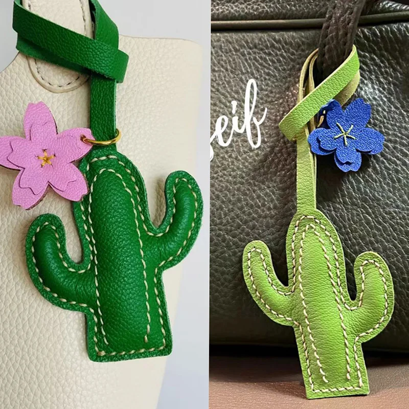 High-end Genuine Leather Tulip Flower Pendant Cute Cactus Handmade Bag Pendant Car Keychain Couple Gift Cartoon Plant Decoration