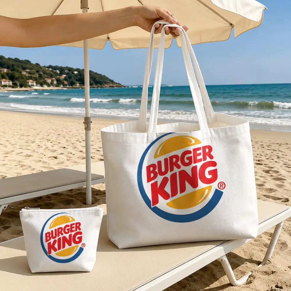 H-Hun Burger King Storage Bags 2-Piece Set Double-Sided Printed Canvas Tote Bags with Zipper Shopping Shoulder Handbags