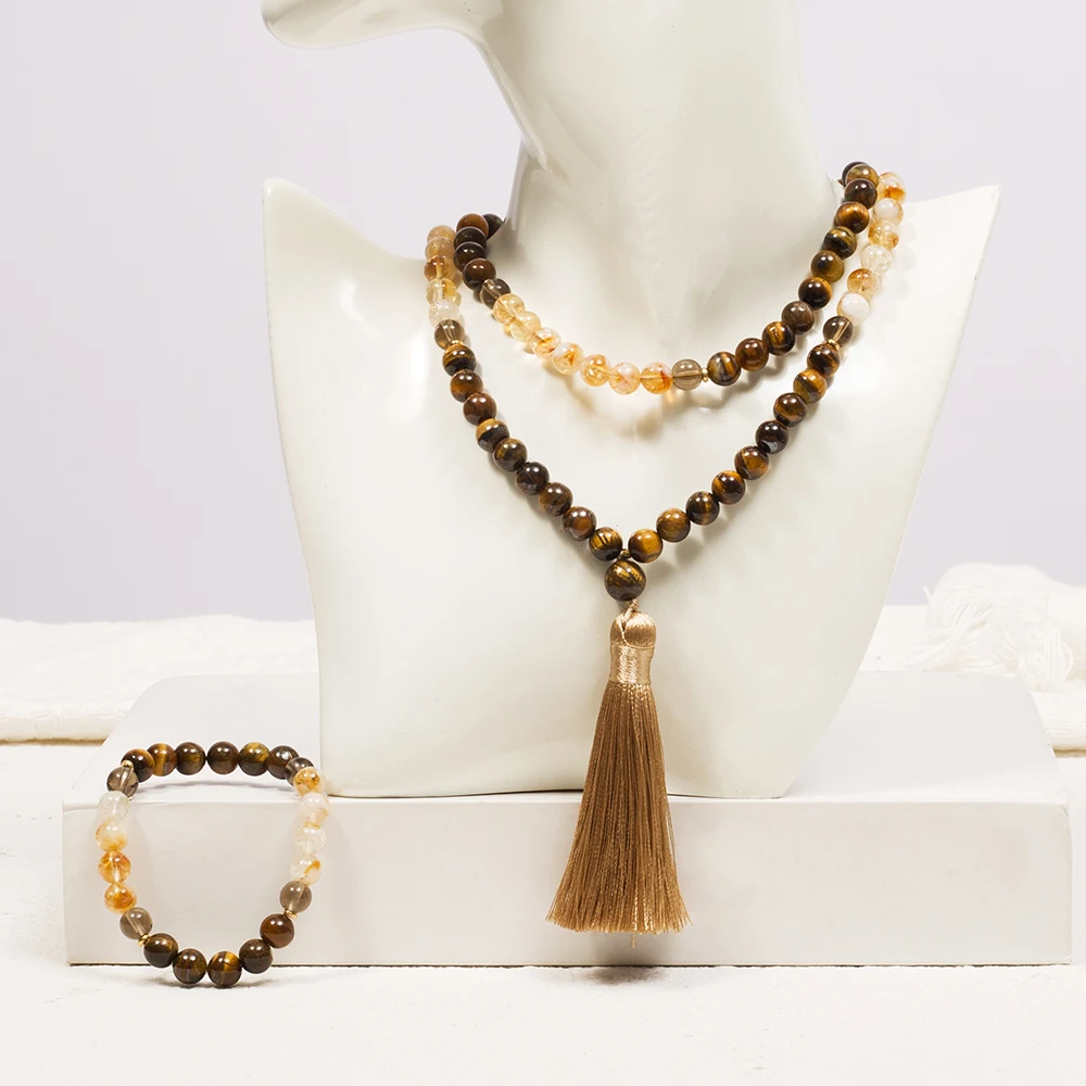 8mm Citrine Yellow Tiger Eye Beads 108 Mala Necklace Meditation Prayer Jewelry Japamala Set Rosary view 6