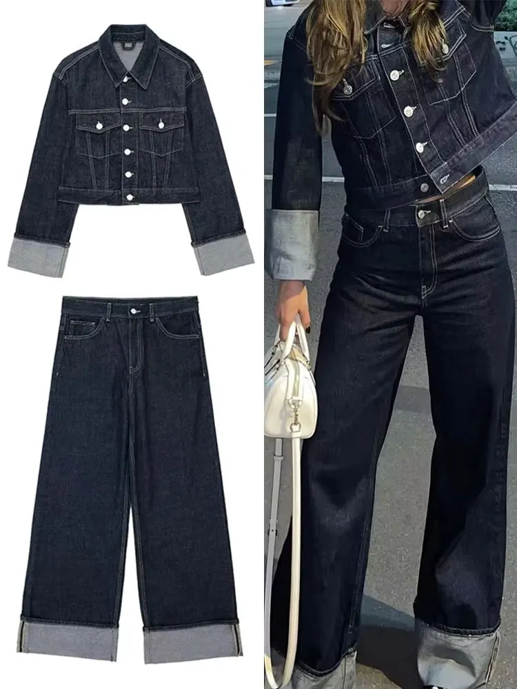 

HH Женская винтажная джинсовая куртка Брючные костюмы Пальто на пуговицах с длинными рукавами Повседневные брюки Джинсы Мода Y2K High Street Lady Outfits