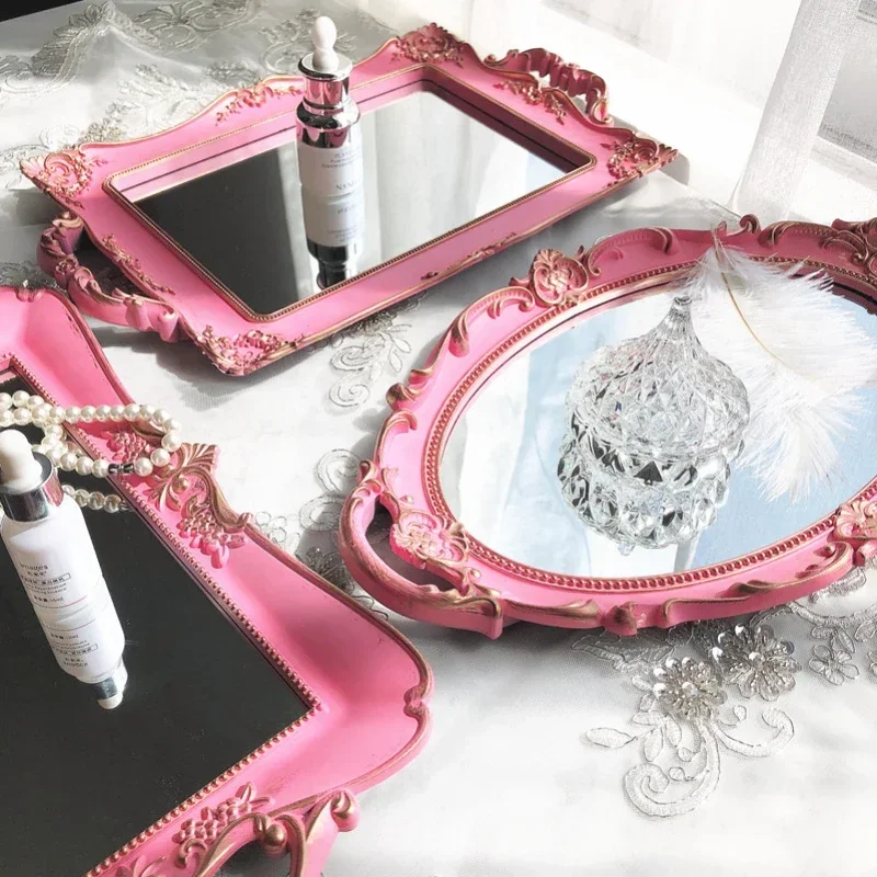 Oval Storage Tray Pink Retro Mirror Glass Food Tea Tray Household Jewelry Skin Care Product Organizer Wedding Home Decor