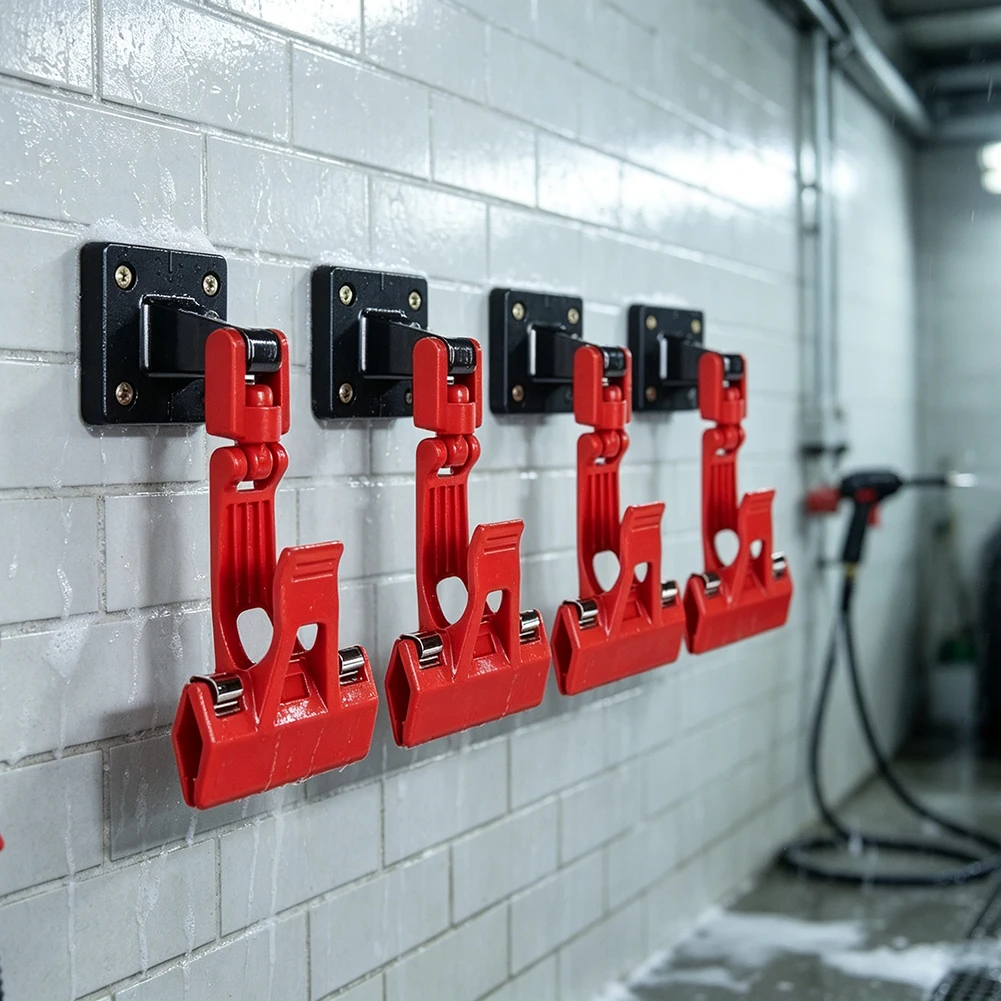Wall Mount Swivel Car Floor Mat Clamps for Holding Mats Towels and Carpets in Detailing Workspaces and Maintenance Areas