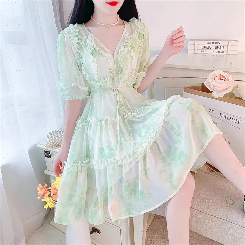 2025 새로운 여름 쉬폰 드레스 여성 패션 인쇄 v-목 반팔 보헤미안 꽃 드레스 우아한 숙녀 파티 드레스