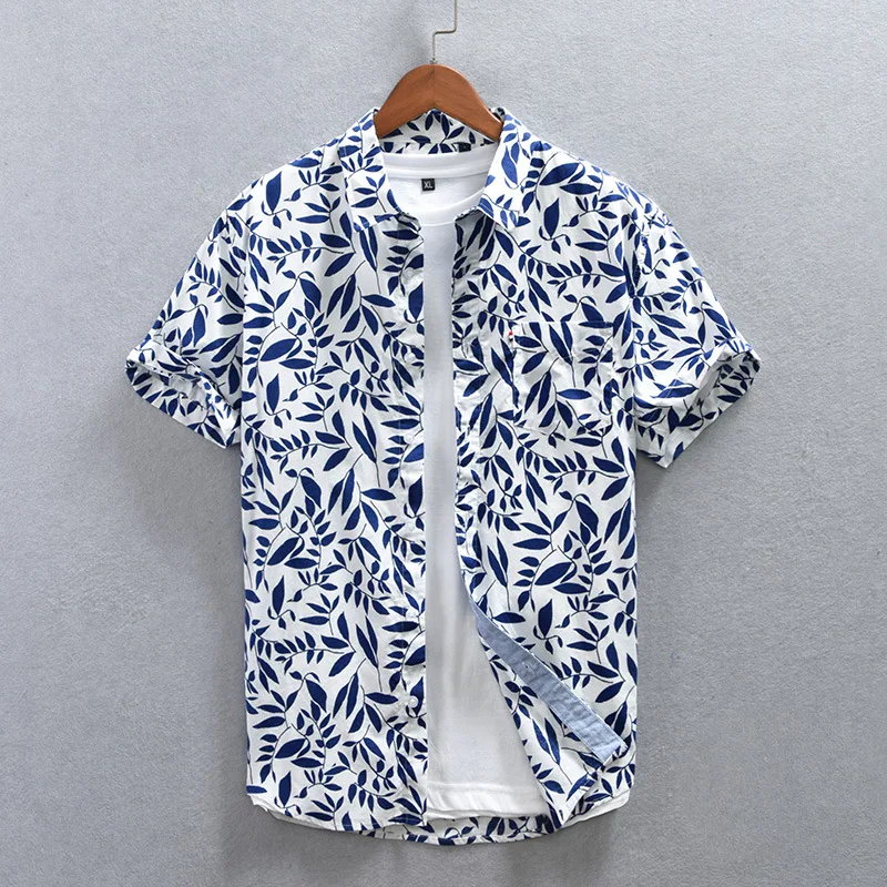 Casual Floral Hawaiian Shirt 100% Cotton Men 2023 Summer Short Sleeve Beach Aloha Shirts Quick Dry Shirt Male Chemise Homme