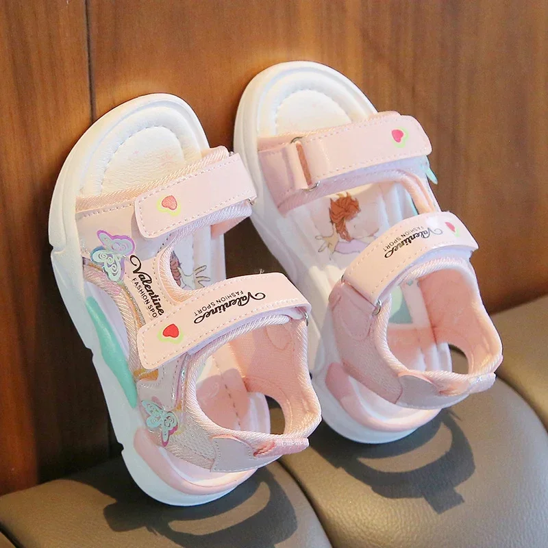 Summer New Girls Sandals Gladiator Cartoon Sweet Children Beach Shoes Kids Love Sandals Princess Shoes