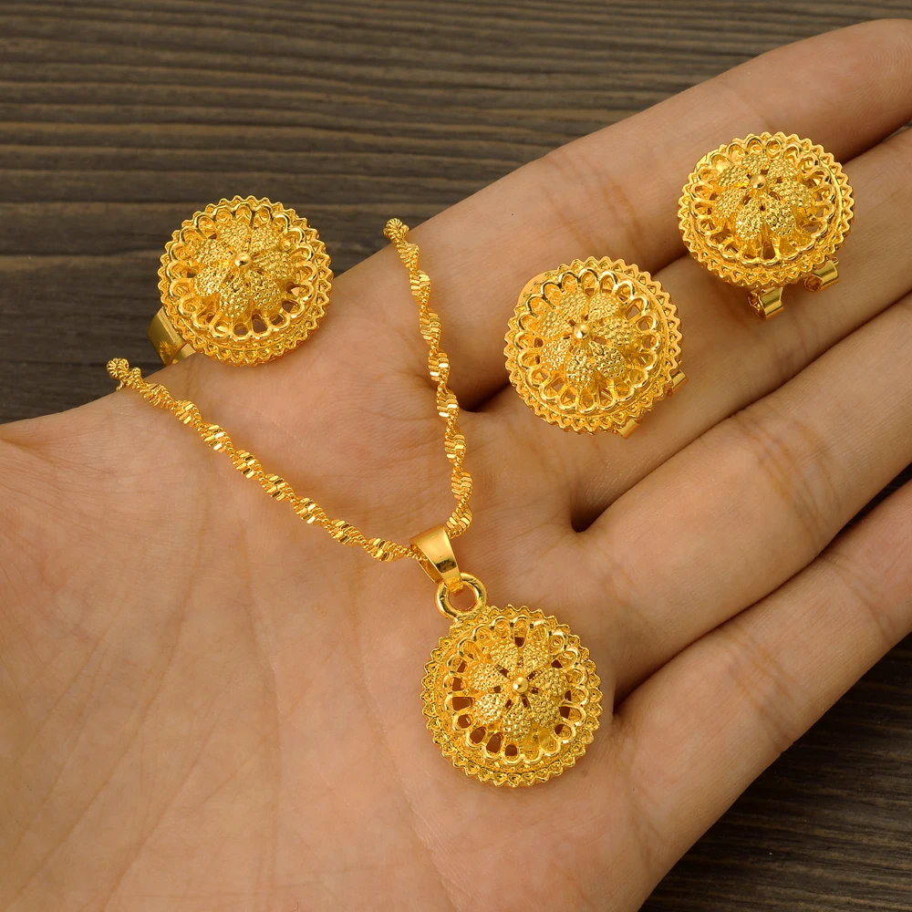 Ethiopian Traditional Gold Plated Cute Jewelry Sets Earrings Ring Gifts Baby/Girls Jewellery Set