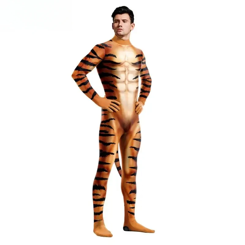 Kostium na Halloween dla mężczyzn 3D Leopard Print Cosplay Costume Funny Pet Animal Suits Adult Full Bodysuit Zentai Jumpsuit with Tail