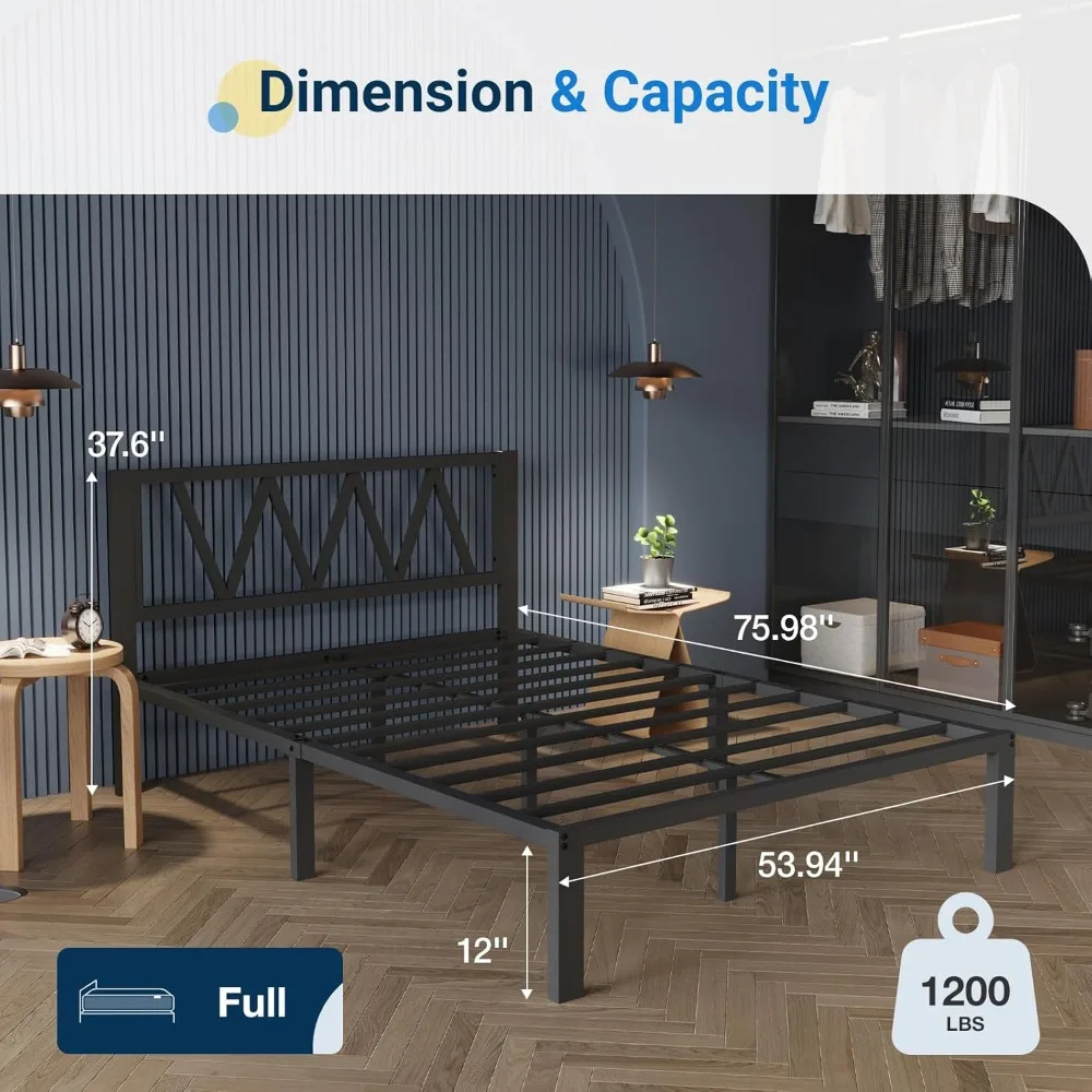 14 InchBed Frame with Headboard, Metal Platform Bed Frame, Full Bed Frame No Box Spring Needed, Heavy Duty Slats Support