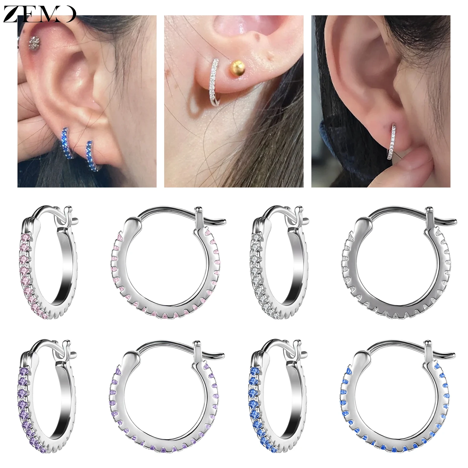 

ZEMO 1 Pair 20G 925 Sterling Silver Hoop Earrings Colorful CZ Crystal Earring Round Cartilage Helix Conch Piercings Jewelry 10MM