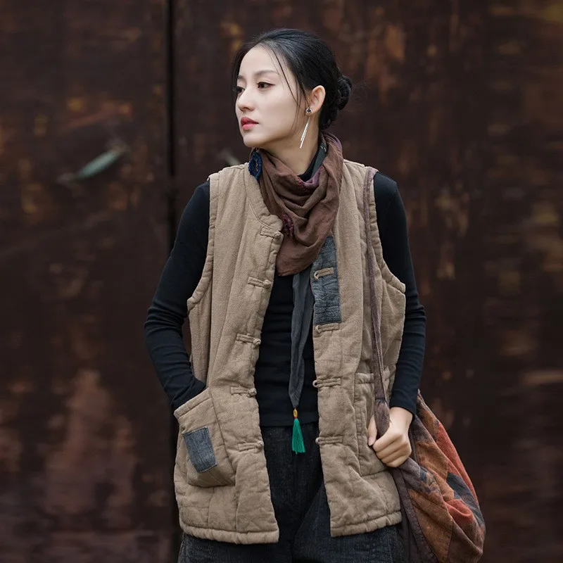 

Vintage Ramie Cotton Vests Coats Women Chinese Style Stand Sleeveless Button Womens Clothes Autumn New Warm Coat Vest
