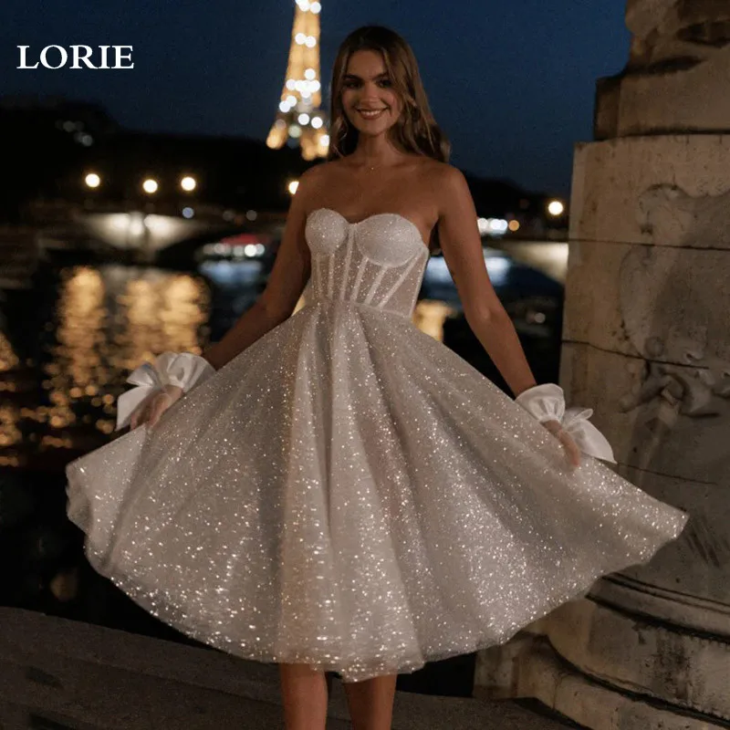 LORIE A-Line Sjiny Glitter Tulle Wedding Dress Sweetheart Mid-Calf Prom Gowns Strapless Bride Formal Party Dress Customized