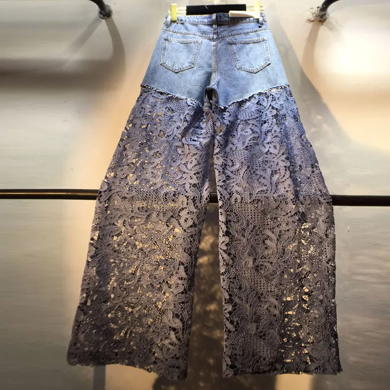 Europe Station Wide Leg Frayed Rhinestone Jeans 2025 Autumn New Style Patchwork Hollow Crochet Lace Long Pants Women's Pants